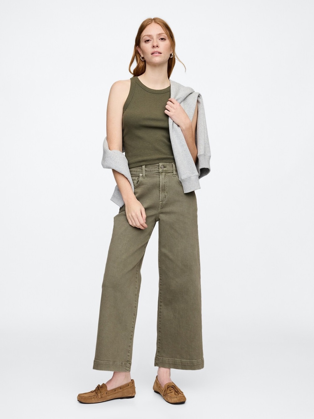 GAP Women's High Rise Wide-Leg Crop Jeans olive green size 14 Long NWT
